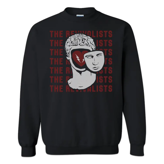 Black sweatshirt featuring a graphic design with red text and a stylized face illustration.