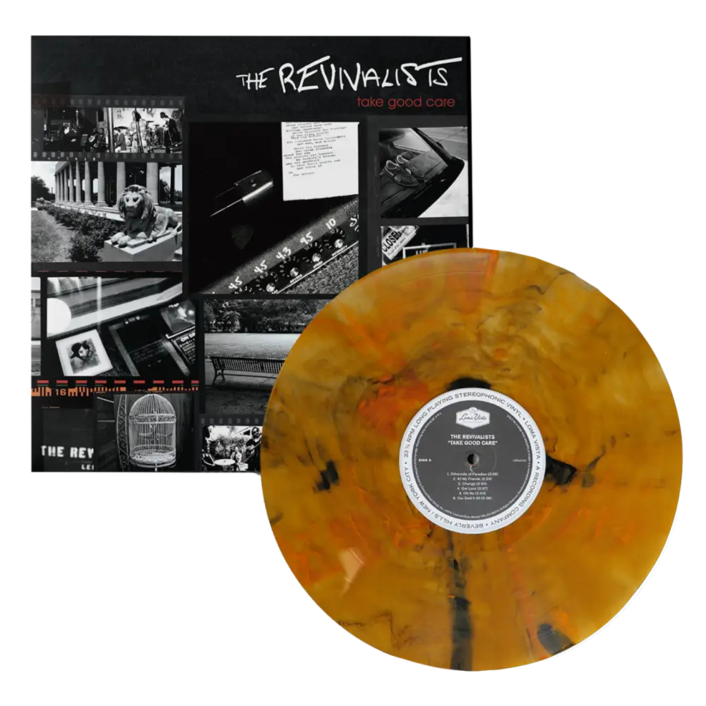 Marbled yellow and orange vinyl record next to its album cover.