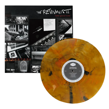 Marbled yellow and orange vinyl record next to its album cover.