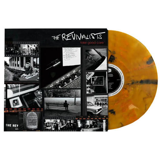 Vinyl record album with a yellow and black marbled disc and black-and-white collage cover artwork.