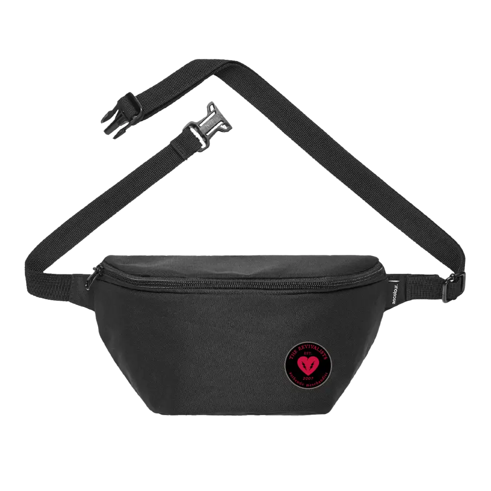 Black fanny pack with an adjustable strap and a small heart logo.