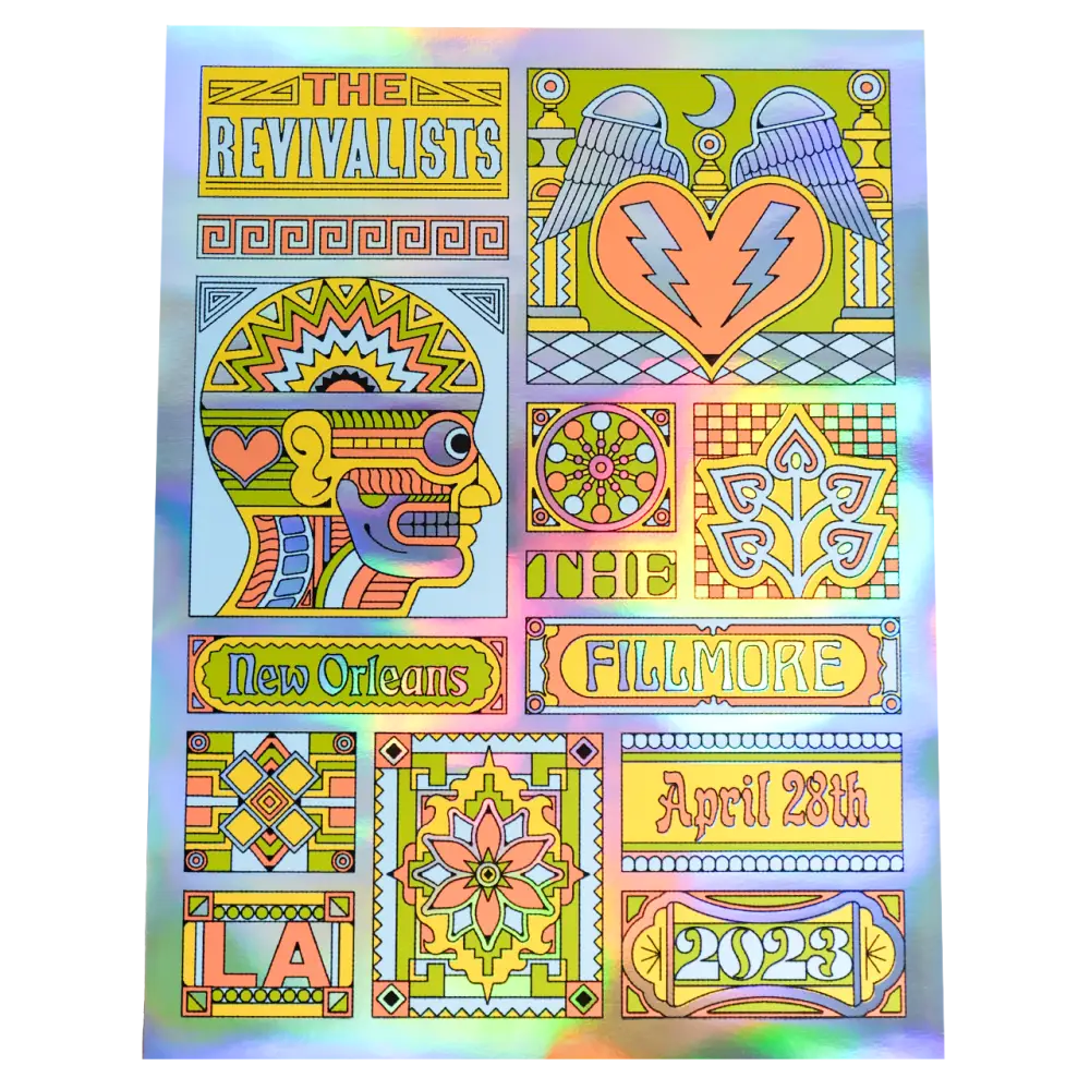 Colorful concert poster for The Revivalists featuring psychedelic art and geometric designs.