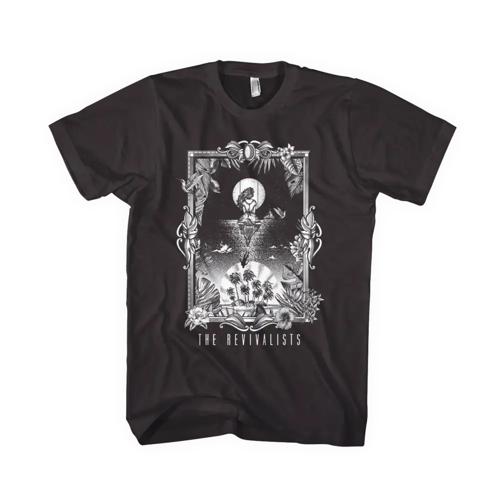 Black t-shirt featuring a gothic-style illustration with skeletal figures and ornate framing.