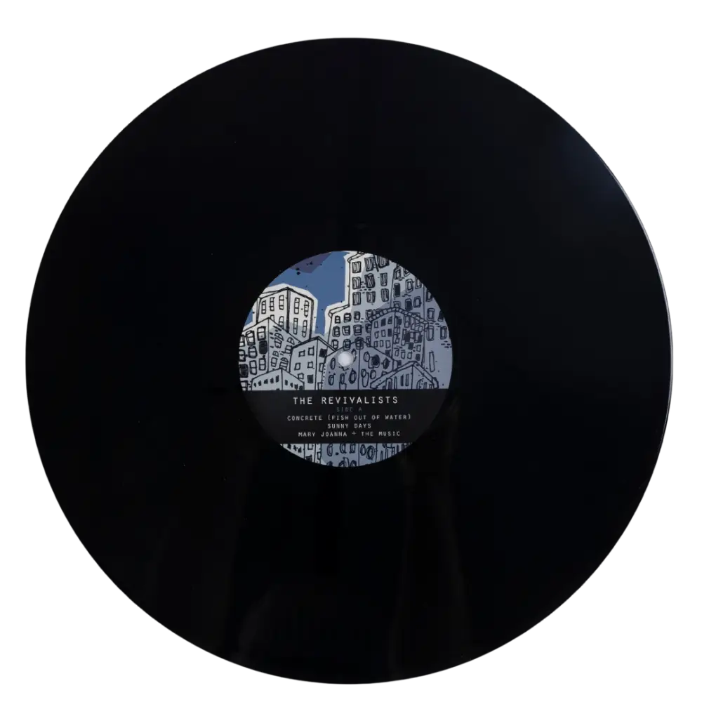 Vinyl record with a cityscape-themed label visible in the center.