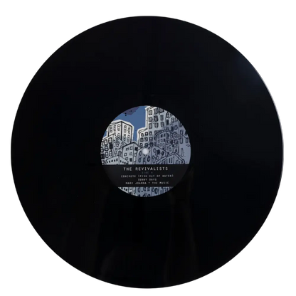 Vinyl record with a cityscape-themed label visible in the center.