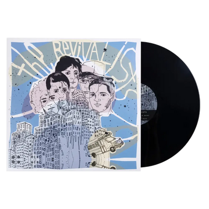 Vinyl record album with an artistic cover featuring illustrated faces, city buildings, and a vehicle.