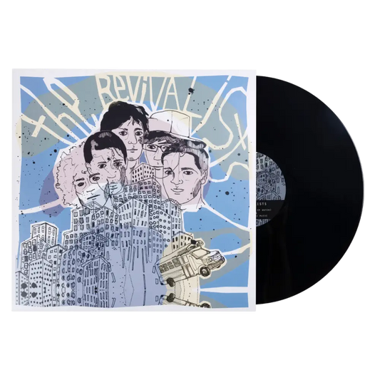 Vinyl record album with an artistic cover featuring illustrated faces, city buildings, and a vehicle.