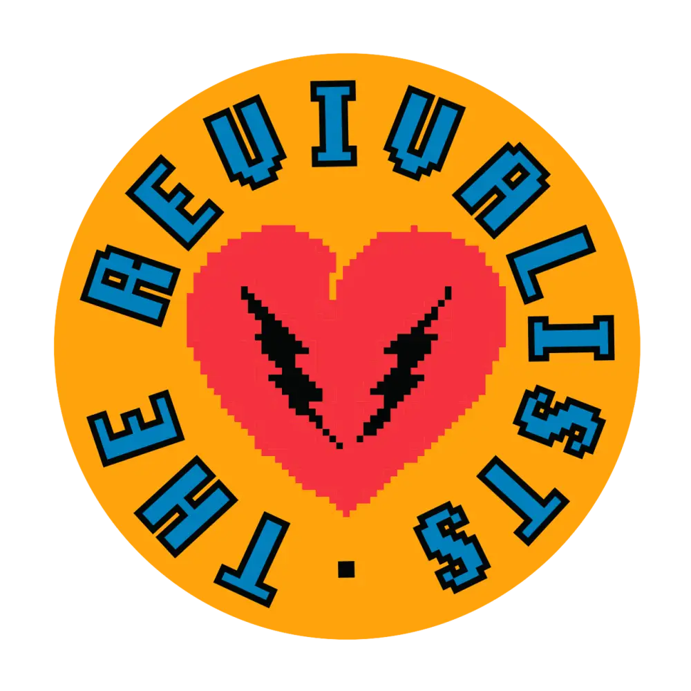 Circular logo featuring a pixelated red heart with lightning bolts on an orange background, surrounded by blue text.