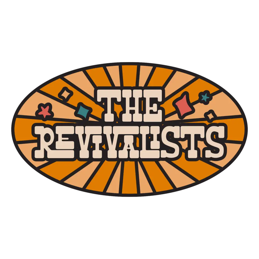 Retro-style oval logo for ’The Revivalists’ with sunburst pattern and decorative elements.