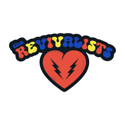 Colorful logo featuring the word ’REVIVALISTS’ above a red heart with lightning bolts.