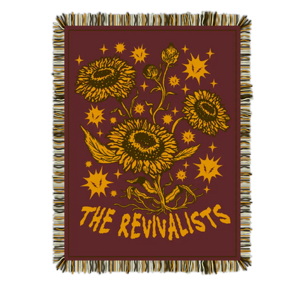 Maroon woven blanket with gold sunflower and star design and fringed edges revivalists woven blanket