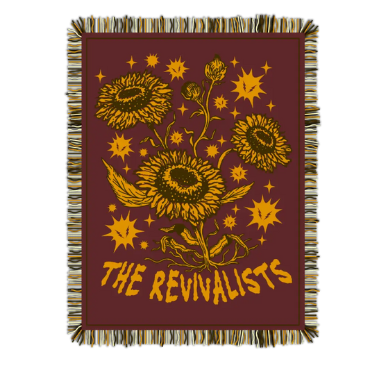 Maroon woven blanket with gold sunflower and star design and fringed edges revivalists woven blanket