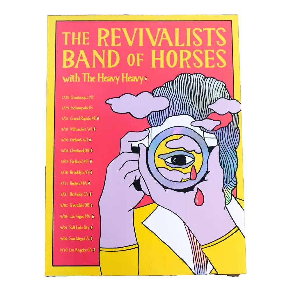 Concert poster for ’The Revivalists Band of Horses’ featuring a stylized illustration of hands holding a magnifying glass with an eye inside.