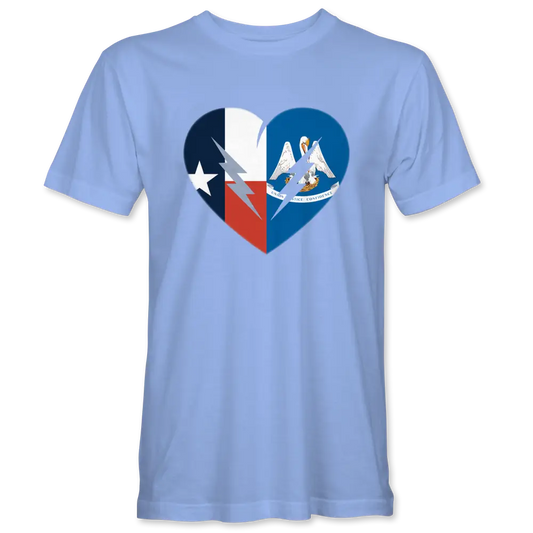 Light blue t-shirt featuring a heart-shaped design combining the Texas and Louisiana state flags.