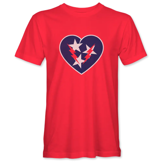 Red t-shirt featuring a heart-shaped design with stars inside.