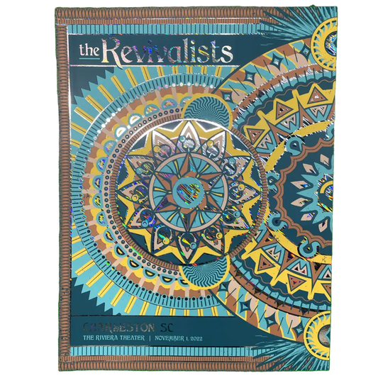 Colorful concert poster featuring an intricate mandala-like design with geometric patterns in blue, yellow, and orange tones.