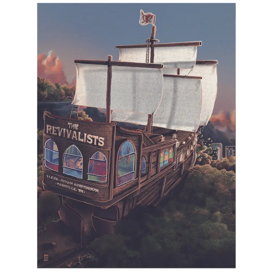 Stylized sailing ship with ’The Revivalists’ written on its side and colorful stained glass-like windows.