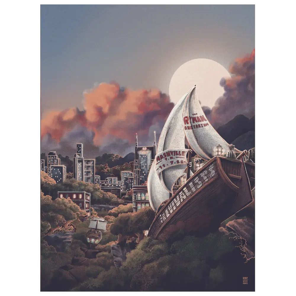 Sailing ship with tall white sails in a fantastical urban landscape.