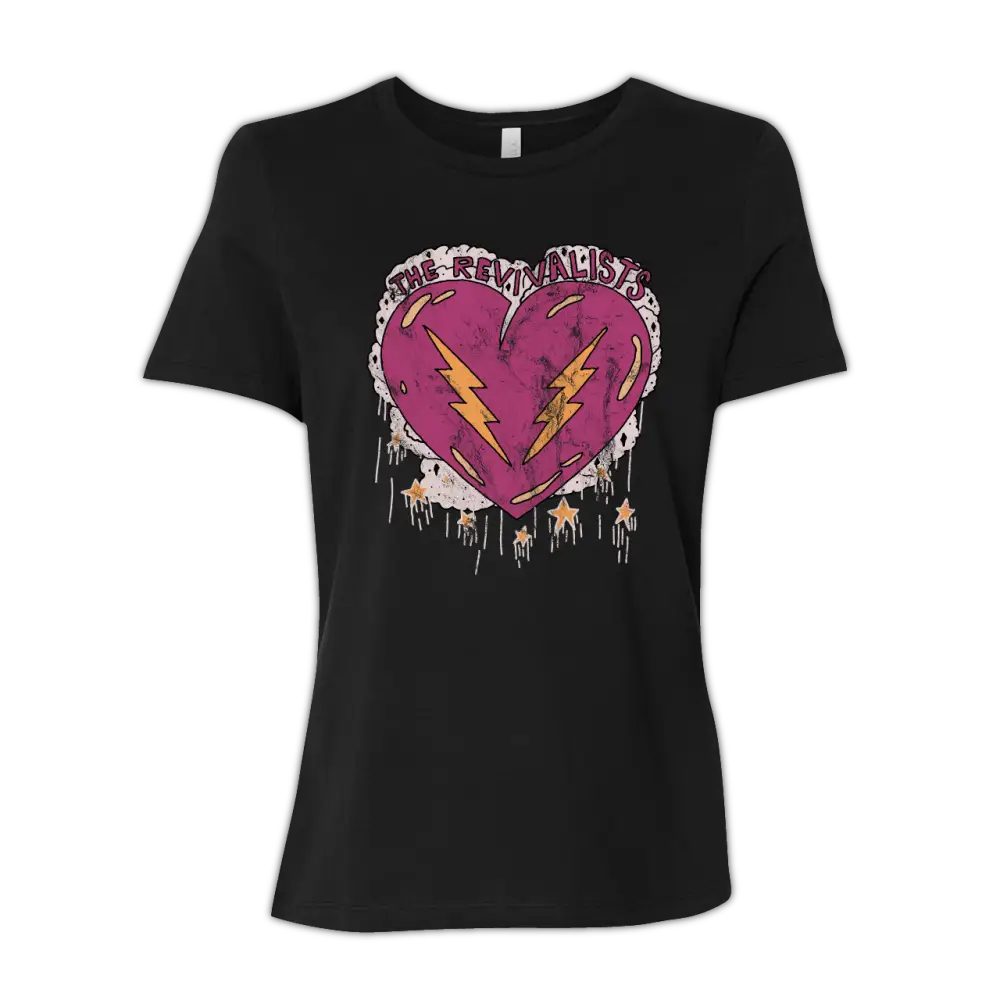 Black t-shirt featuring a pink heart design with lightning bolts.