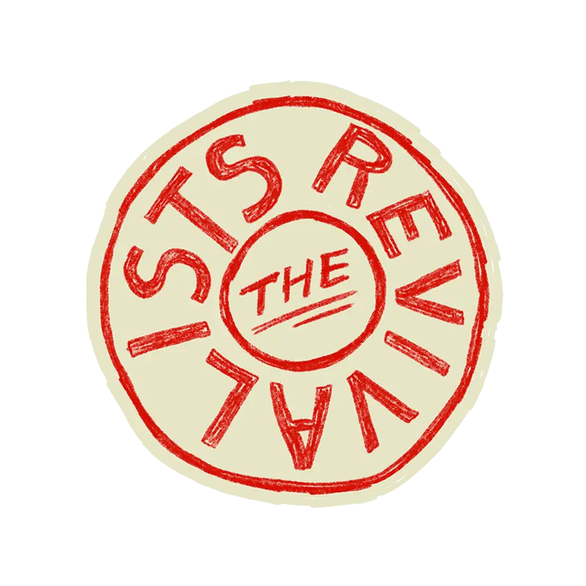 Red circular vintage drawn sticker with the official revivalists hand-drawn stamped logo design