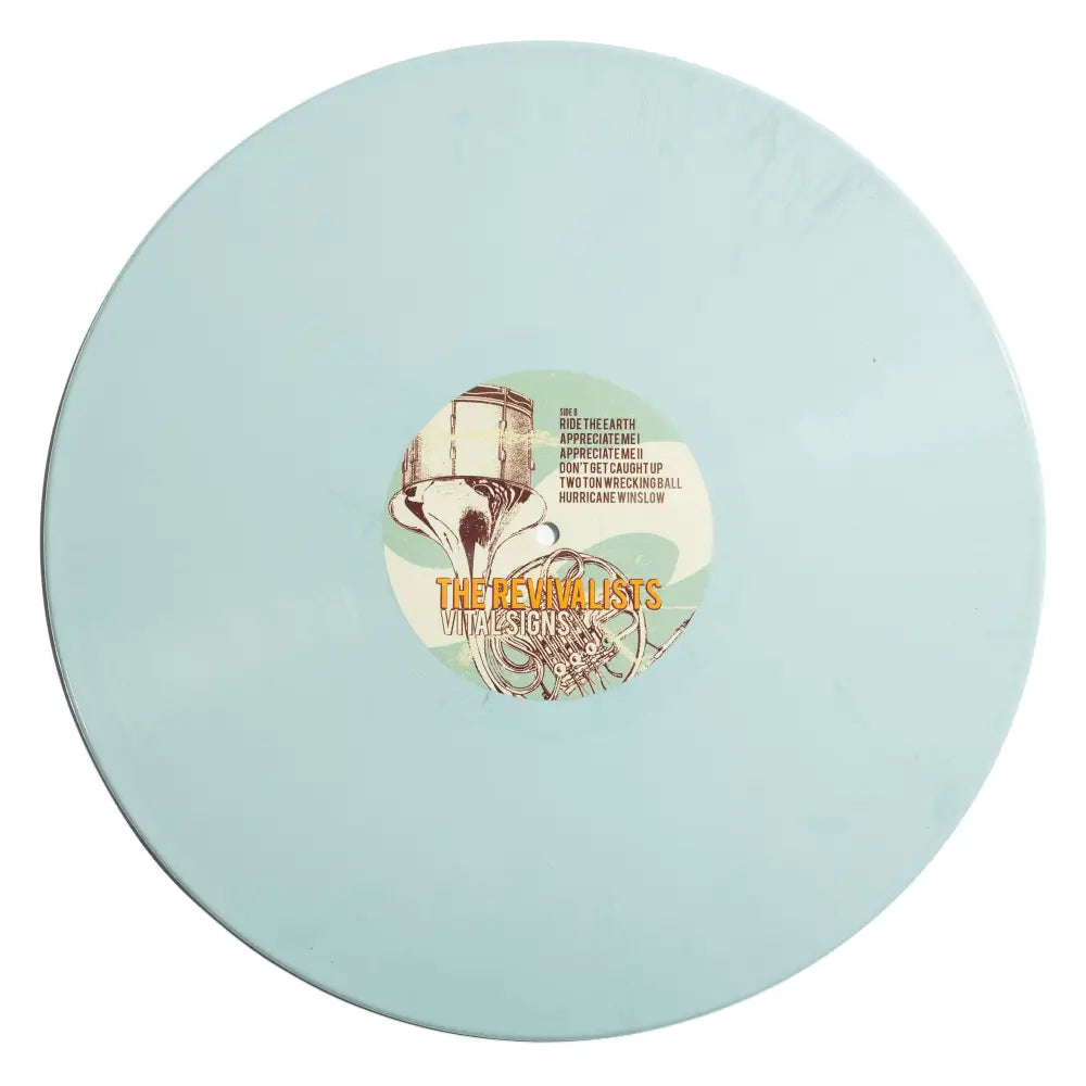 Light blue vinyl record with a decorative label in the center.