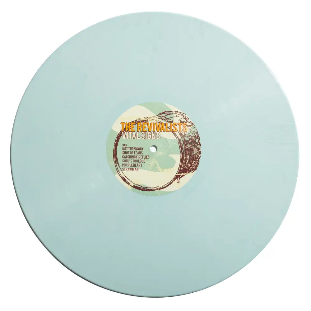 Light blue vinyl record with a circular label in the center.