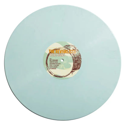 Light blue vinyl record with a circular label in the center.