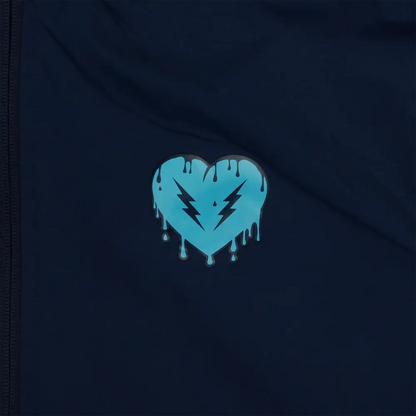 Blue heart-shaped logo with lightning bolts and dripping effect.