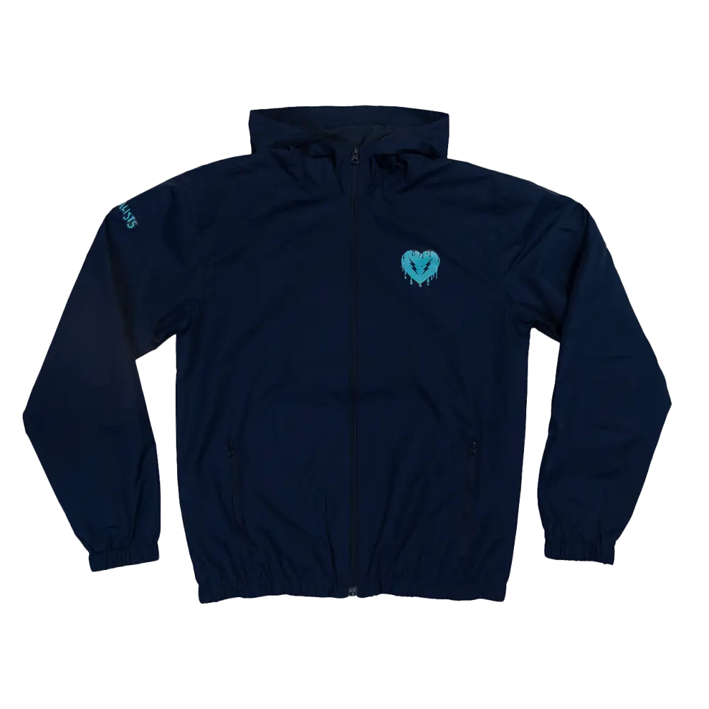 Navy blue zip-up jacket with a teal heart logo on the chest.