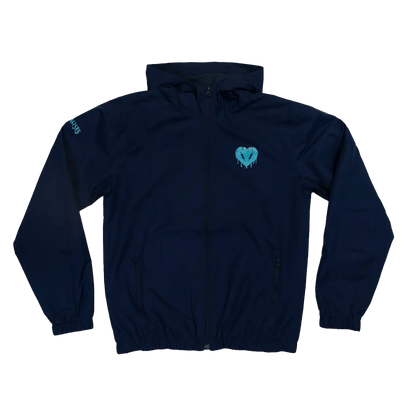 Navy blue zip-up jacket with a teal heart logo on the chest.