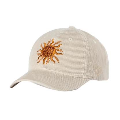 Beige corduroy baseball cap with an embroidered orange sun design.