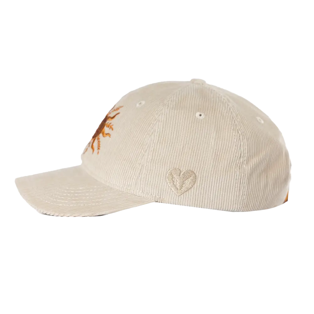 Beige corduroy baseball cap with an embroidered orange logo.