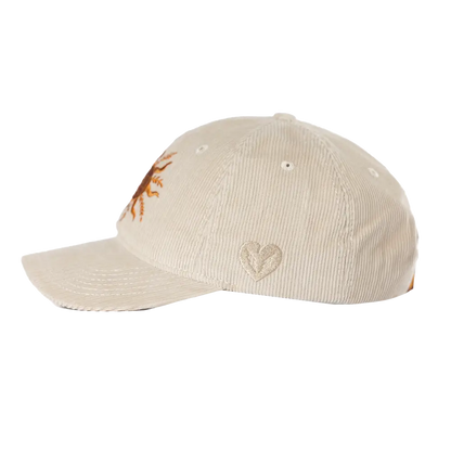 Beige corduroy baseball cap with an embroidered orange logo.