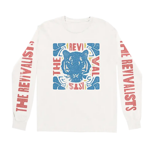 White long-sleeved tee featuring a blue tiger graphic with red and yellow text reading ’the revivalists’ across the chest and sleeves.